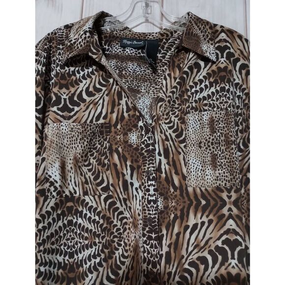 Maggie Barnes Shirt Ladies 1x Brown Animal Print‎ Button Front Adjustable Sleeve - Picture 3 of 7